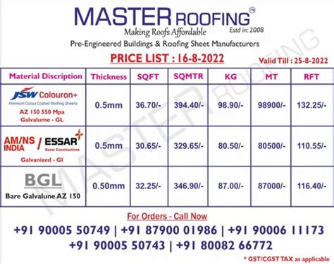 tata roofing sheet price list